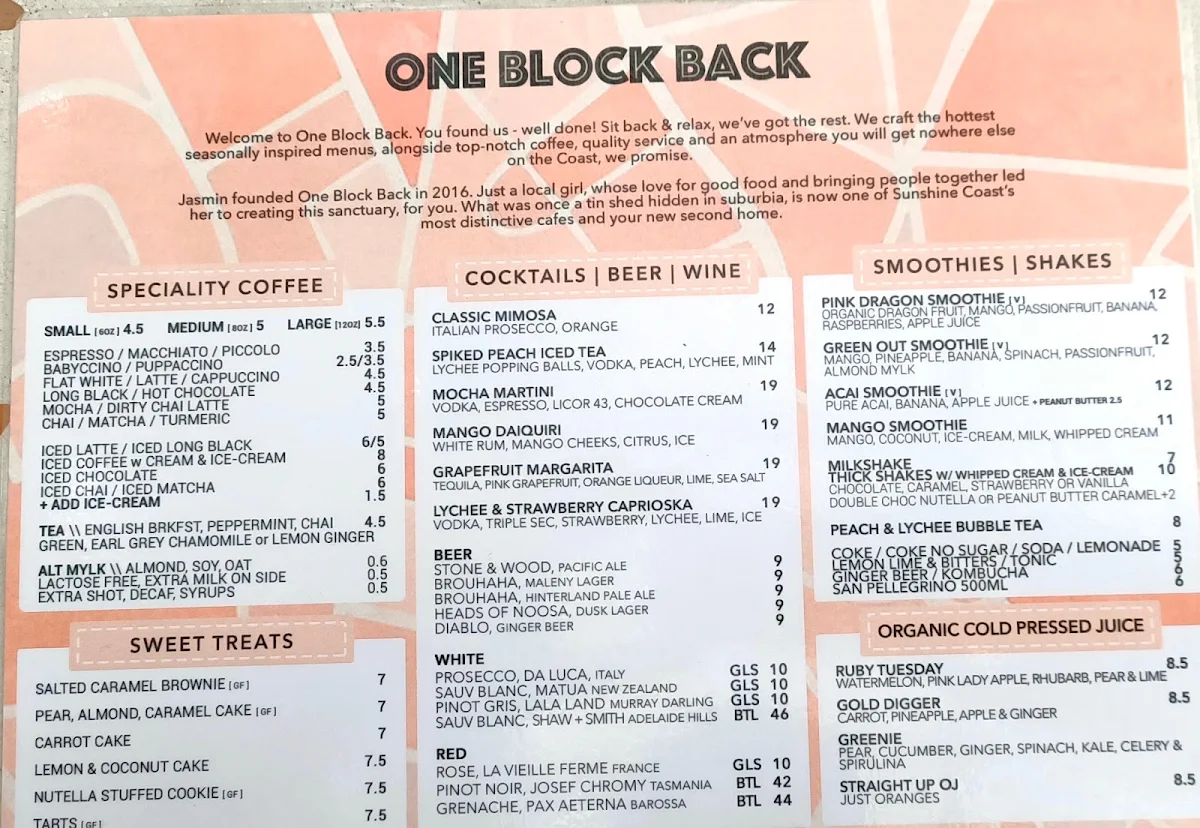 Menu, One Block Back