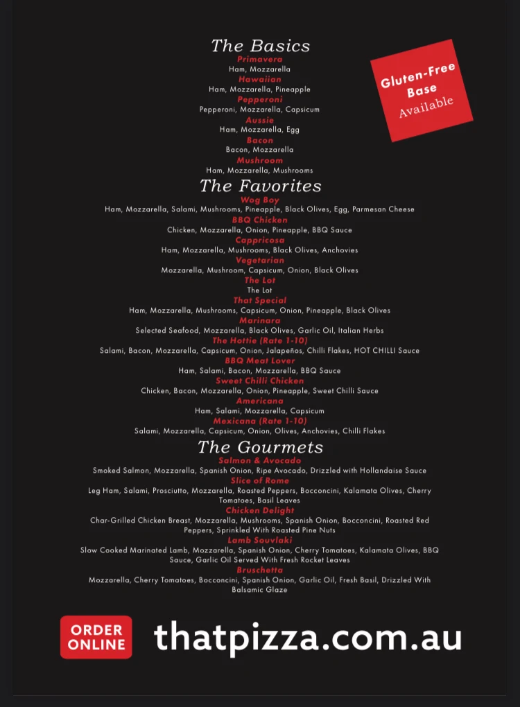 Menu, That Pizza