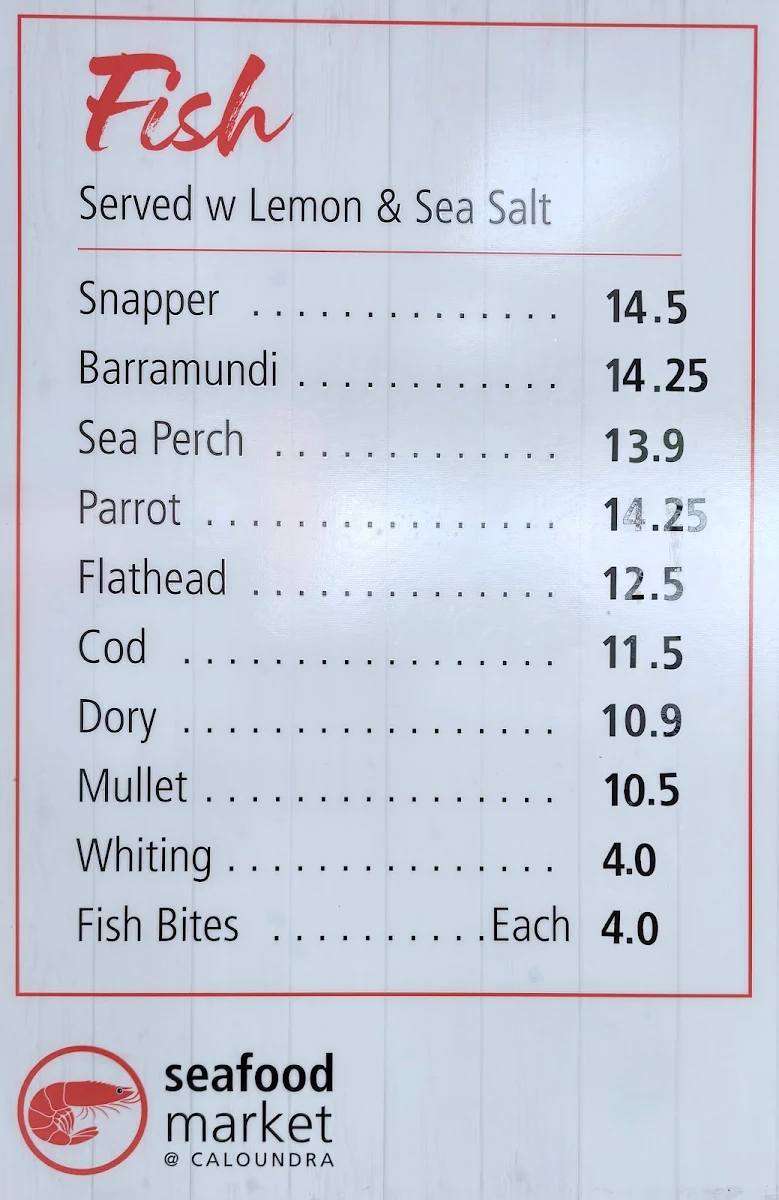 Menu, seafood market @ CALOUNDRA