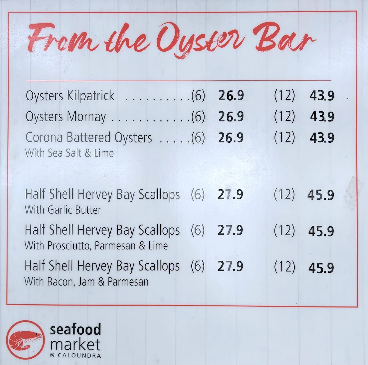 Menu, seafood market @ CALOUNDRA
