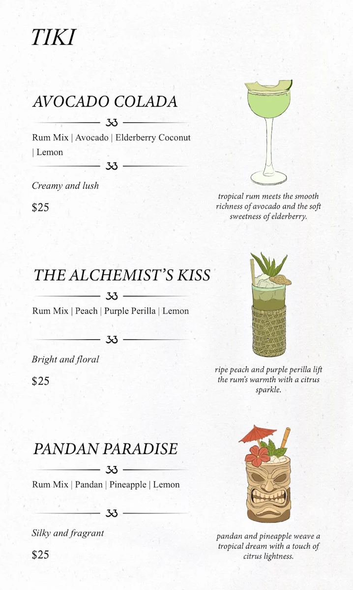 Menu, Tiki 33 Bar