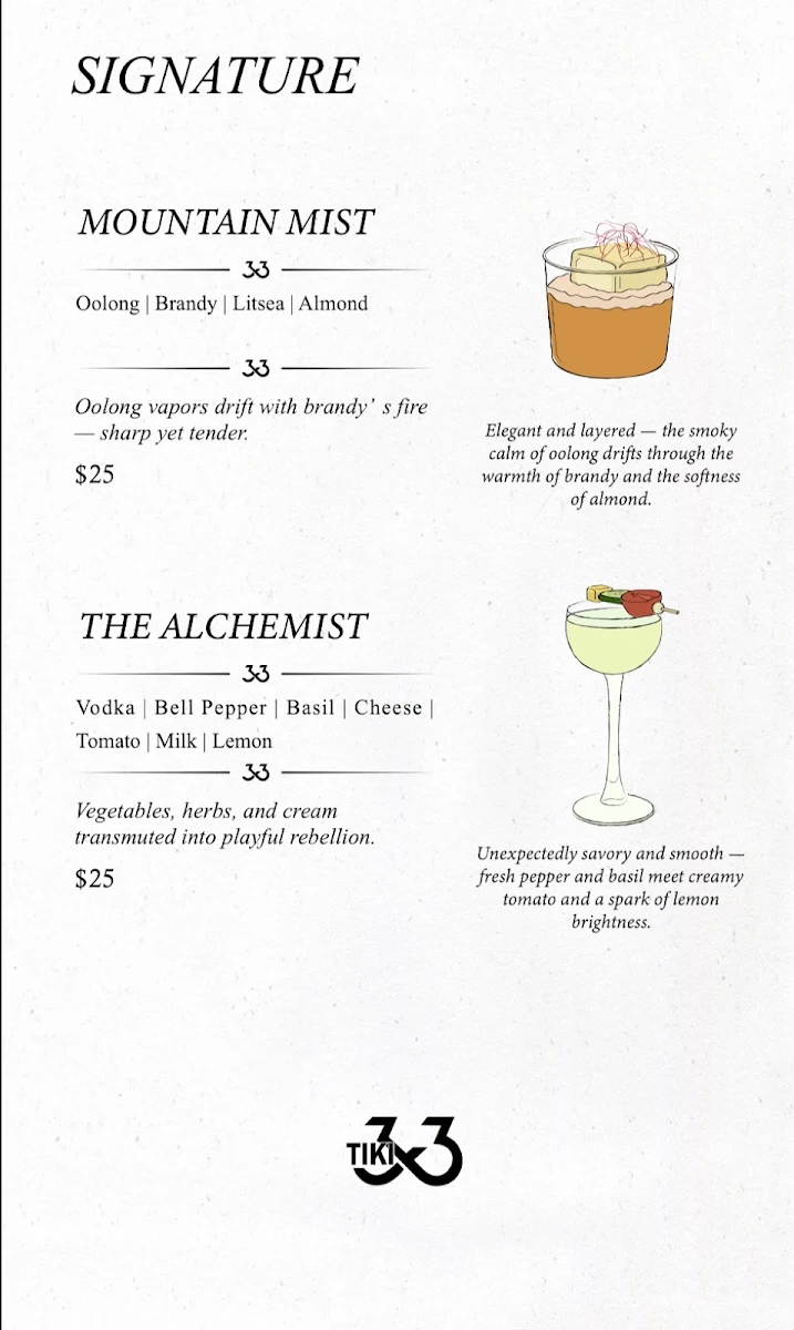 Menu, Tiki 33 Bar