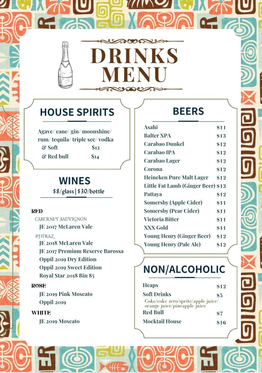 Menu, Tiki 33 Bar