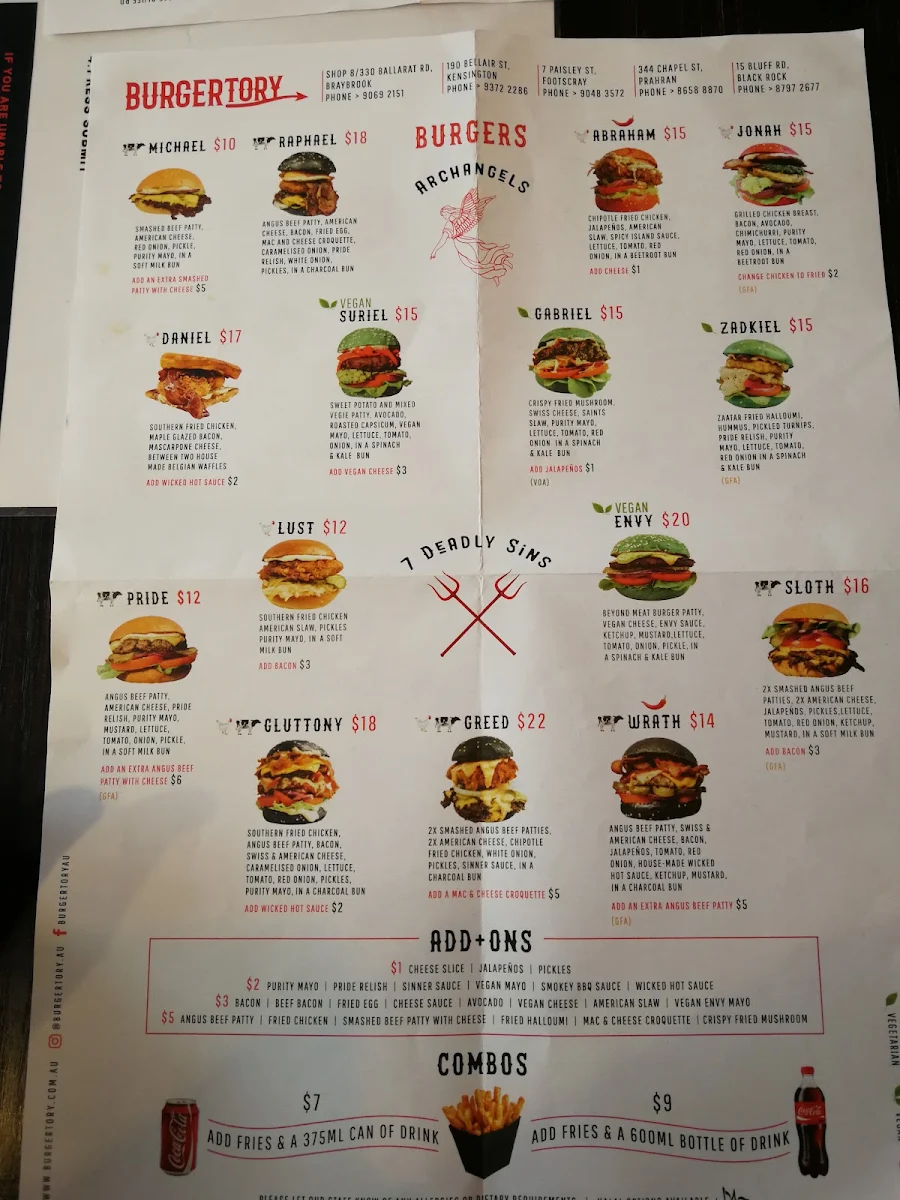 Menu, Burgertory - Prahran