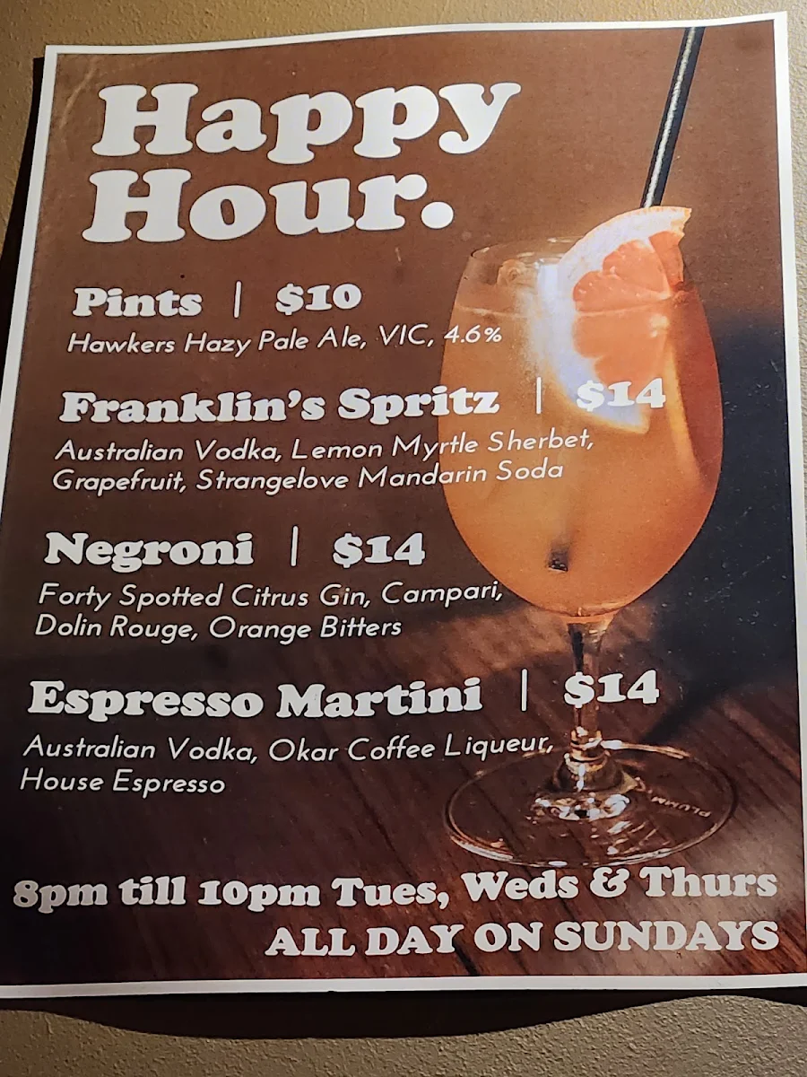 Menu, Franklin's Bar