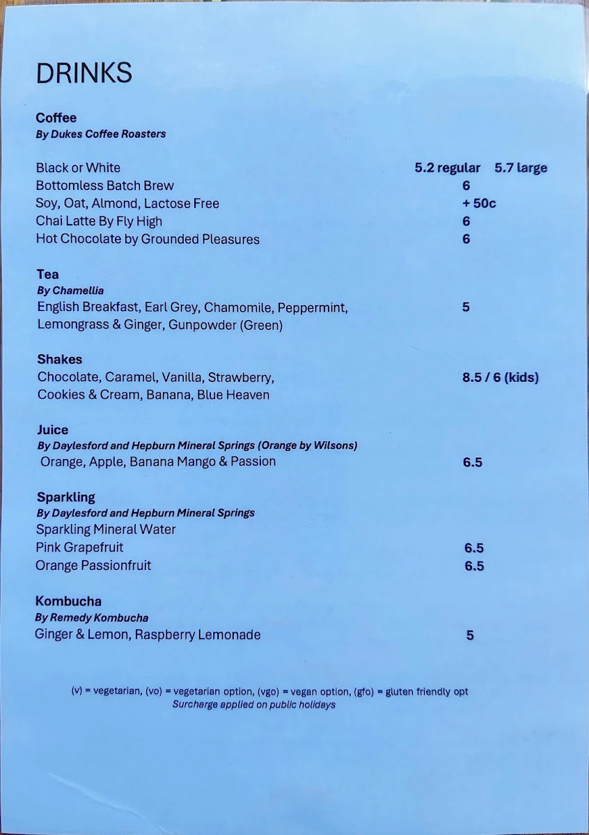 Menu, Drive Café