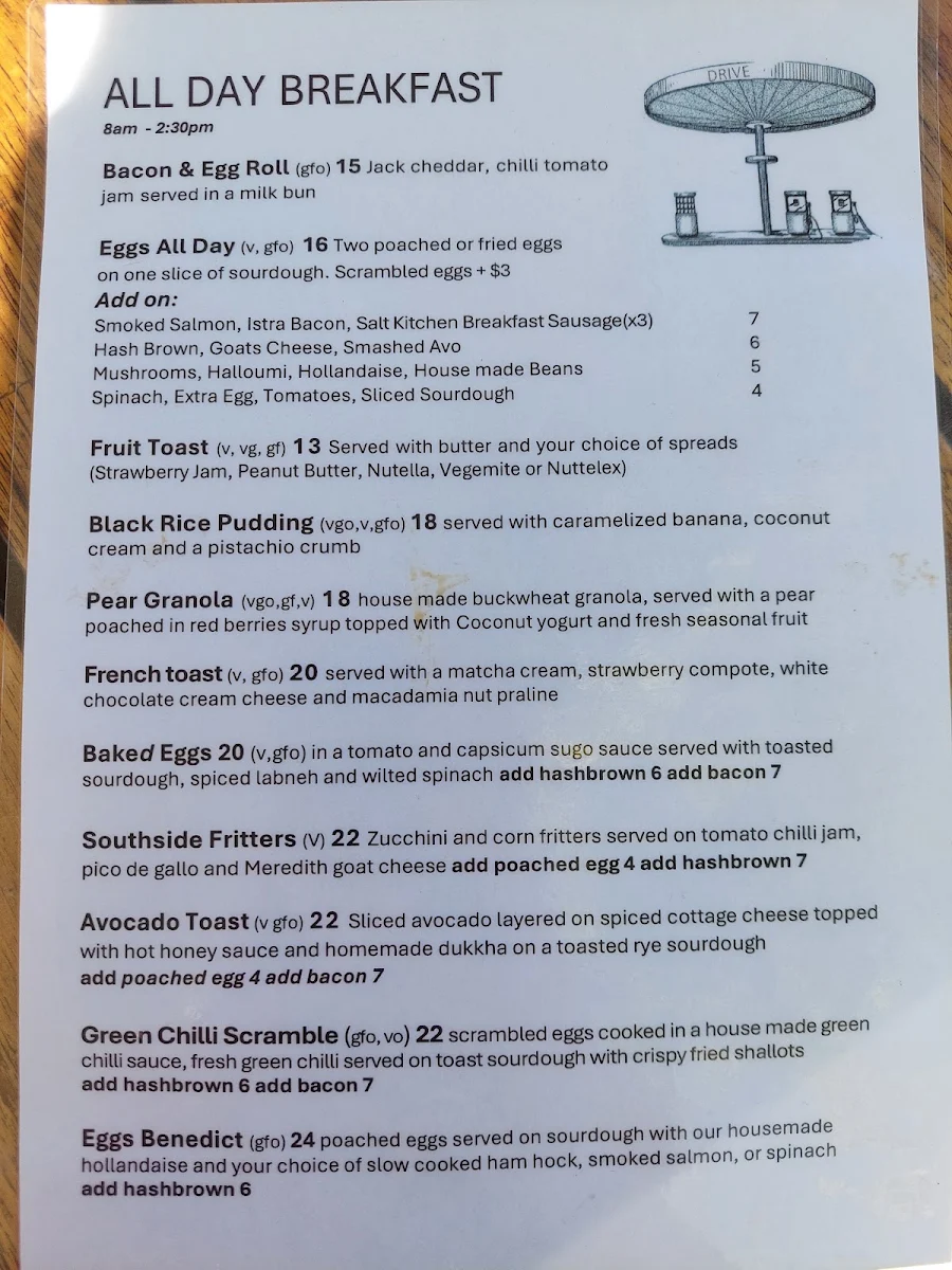 Menu, Drive Café