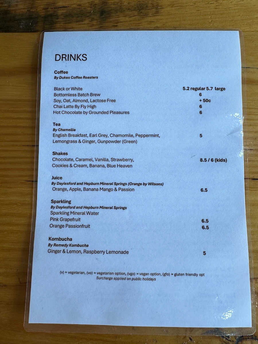 Menu, Drive Café