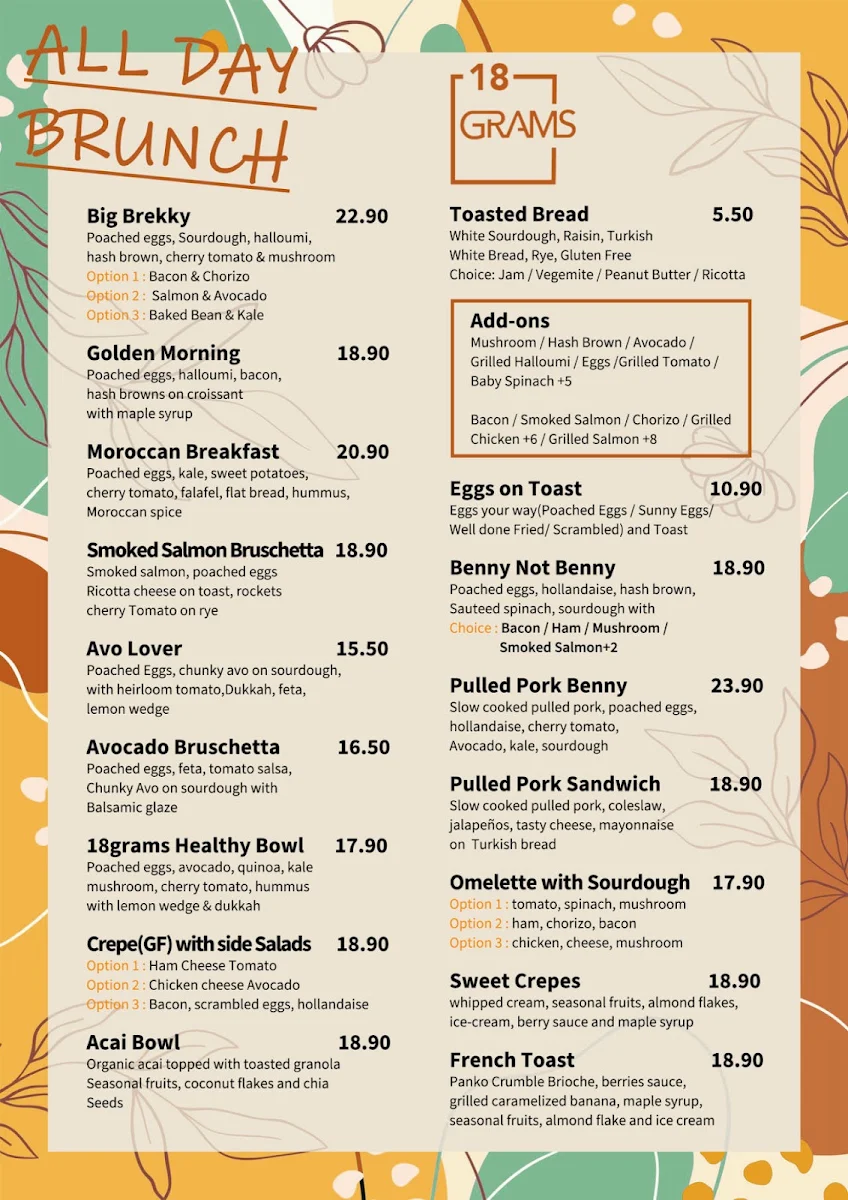 Menu, 18 Grams Kogarah