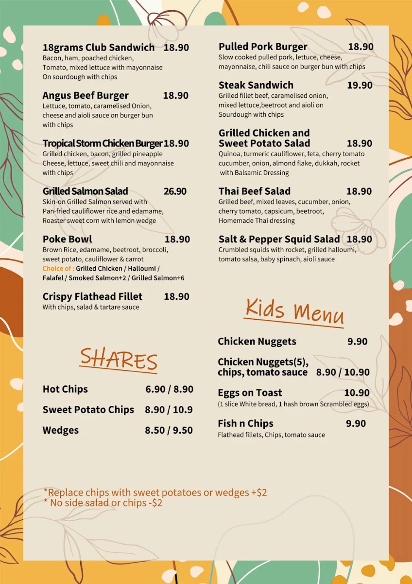 Menu, 18 Grams Kogarah