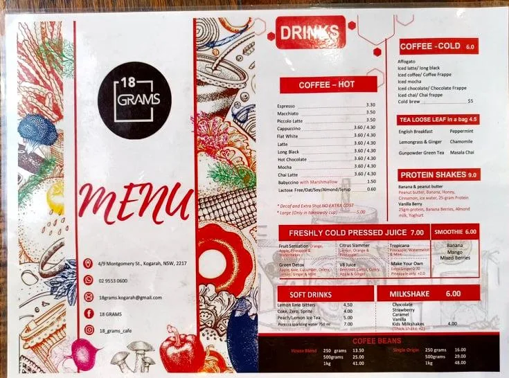 Menu, 18 Grams Kogarah