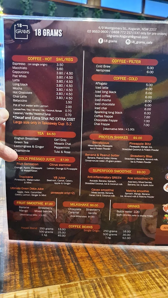 Menu, 18 Grams Kogarah
