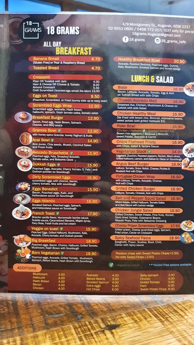Menu, 18 Grams Kogarah