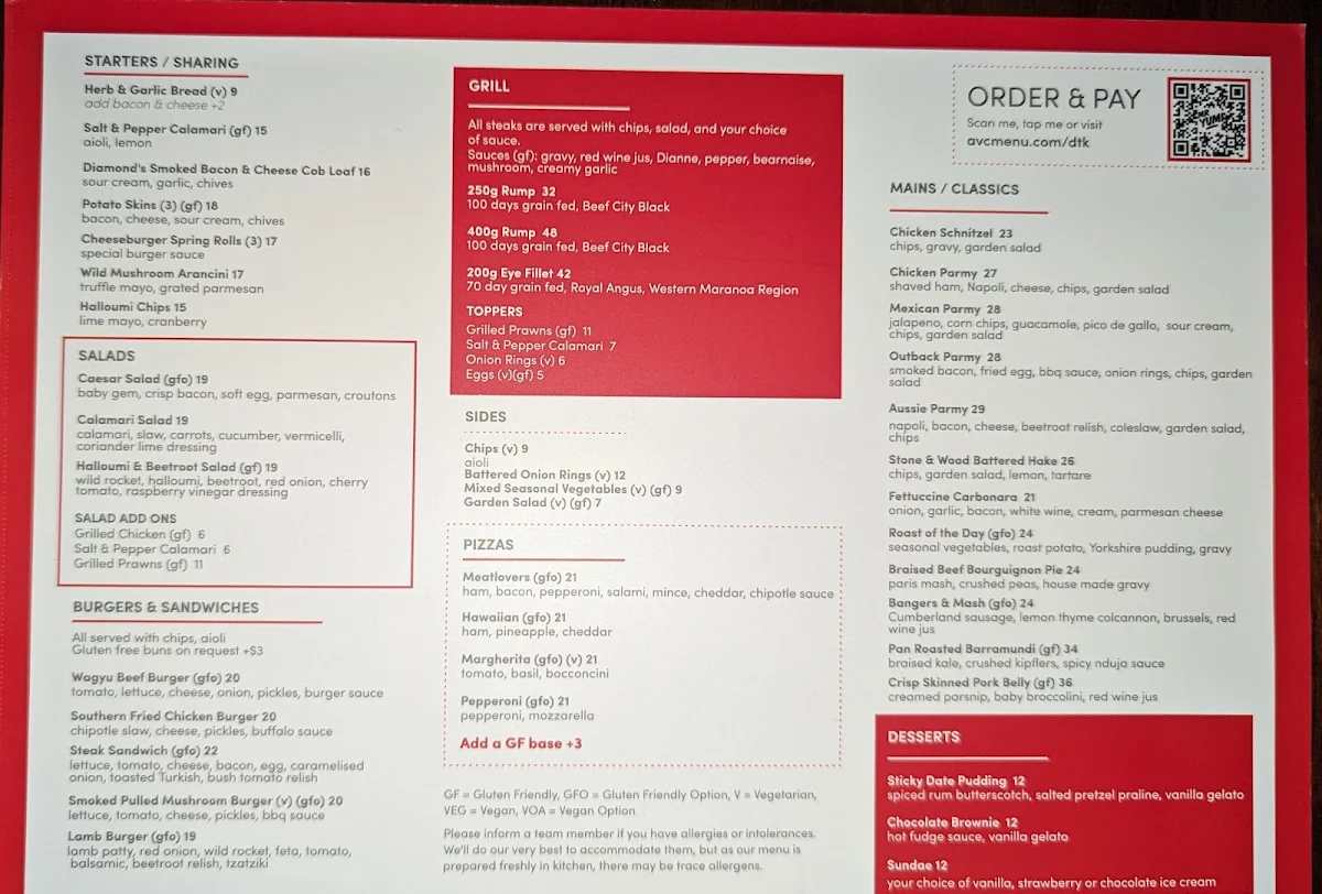 Menu, Diamonds Kallangur Tavern