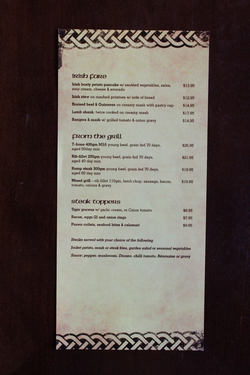 Menu, Diamonds Kallangur Tavern