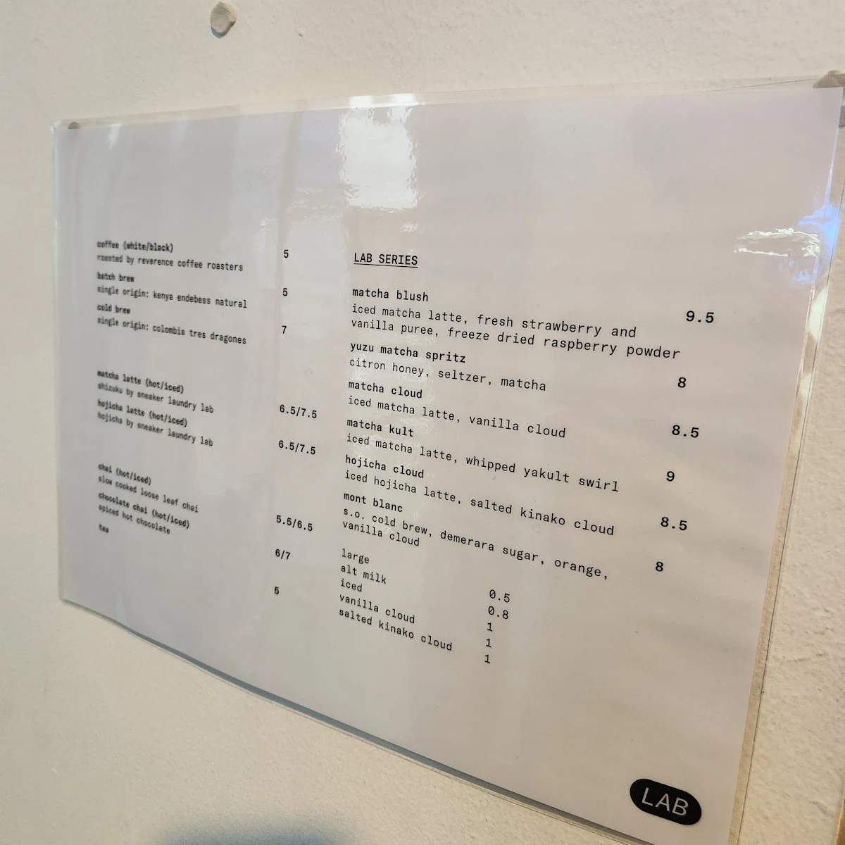 Menu, Sneaker Laundry LAB (Cafe)
