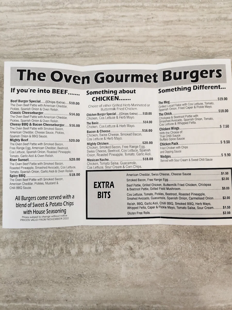 Menu, The Oven @ Murray Bridge