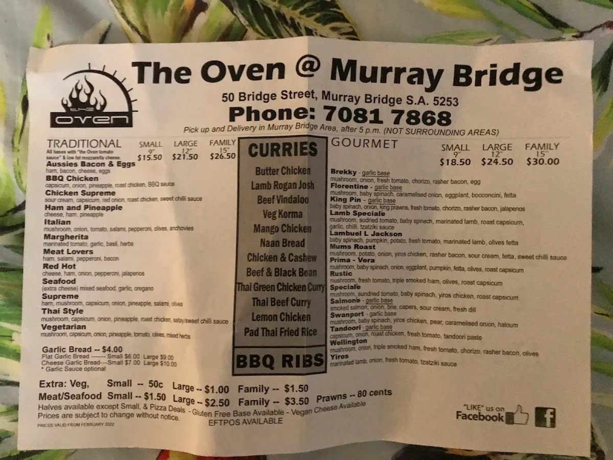 Menu, The Oven @ Murray Bridge