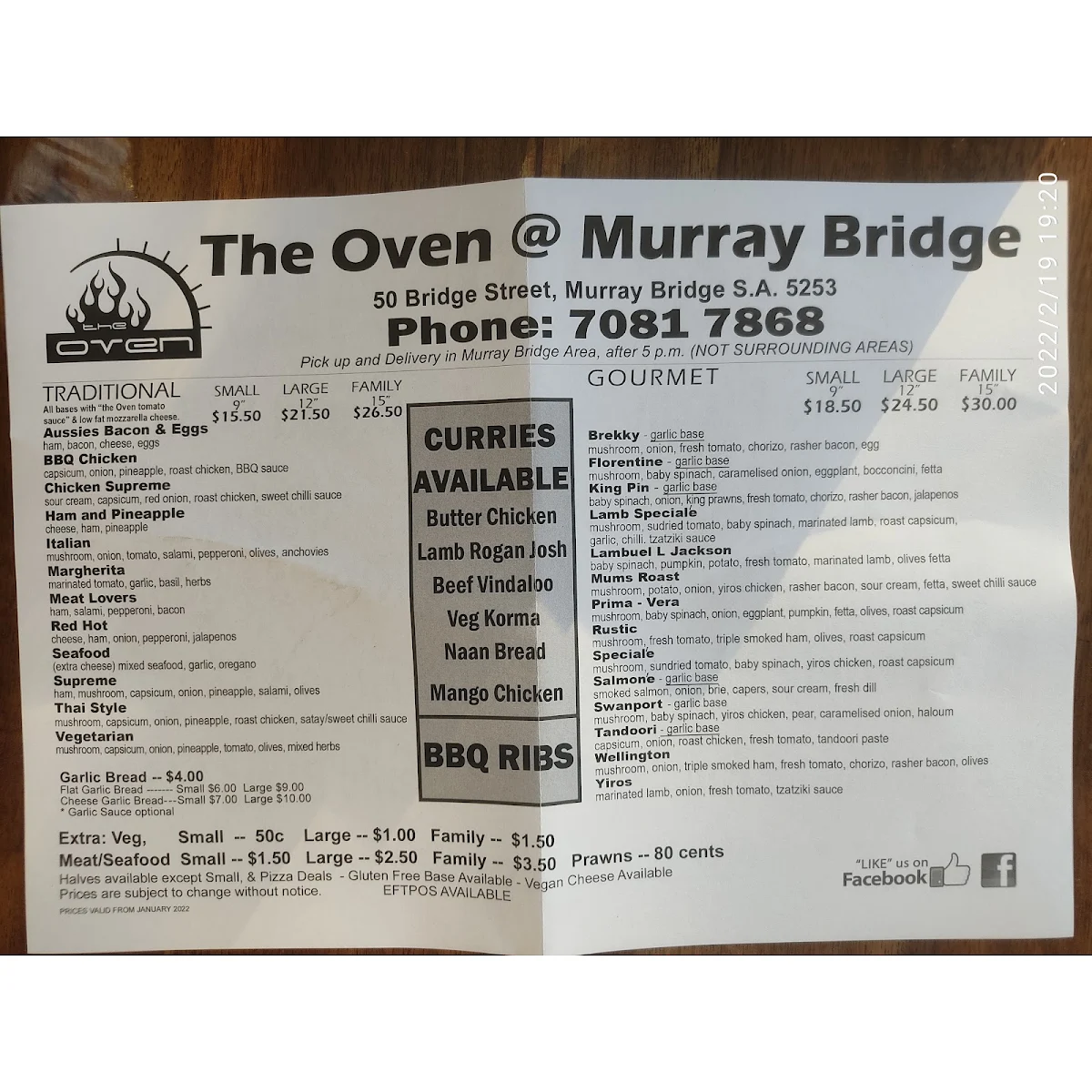 Menu, The Oven @ Murray Bridge