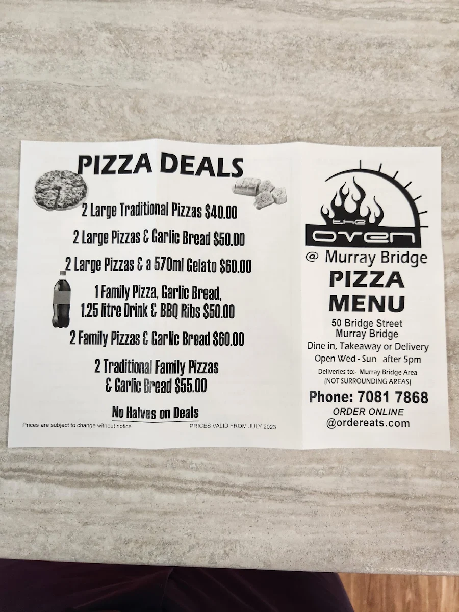 Menu, The Oven @ Murray Bridge
