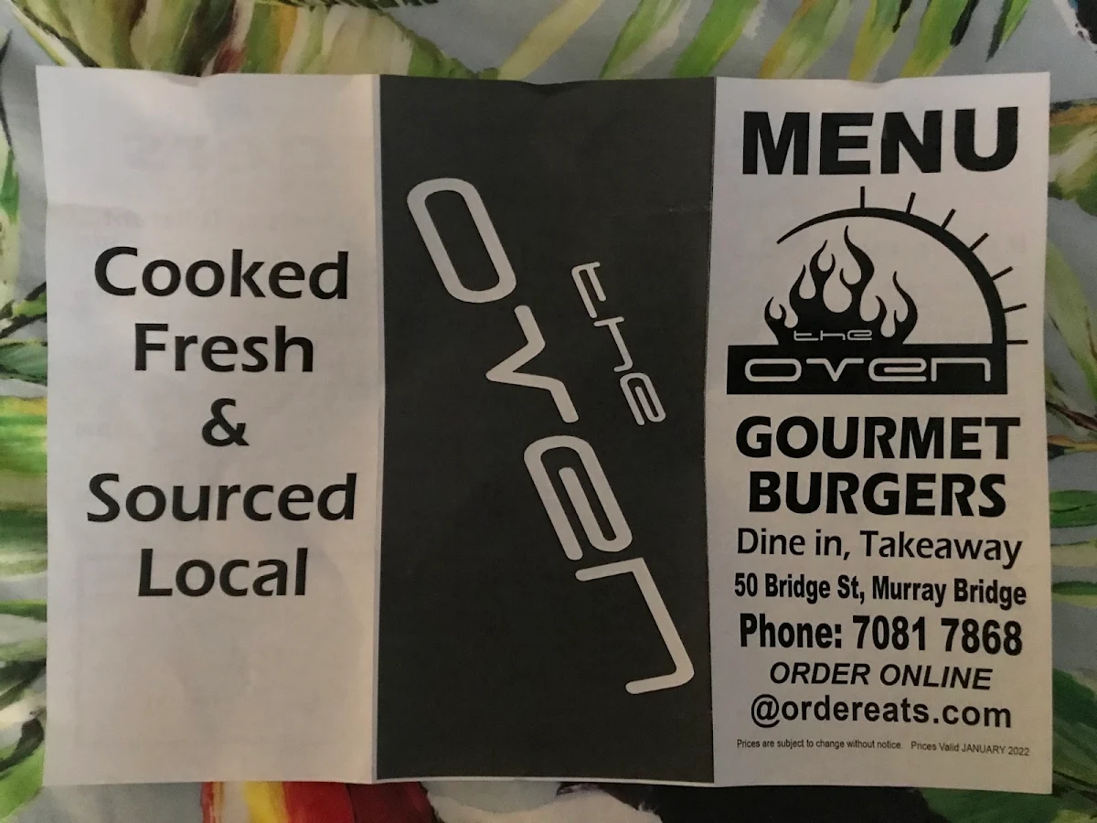Menu, The Oven @ Murray Bridge