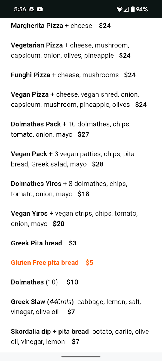 Menu, TWO GREEK BOYS GLENELG NORTH