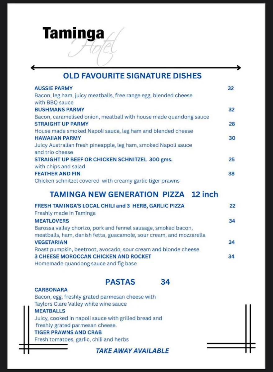 Menu, Taminga Hotel