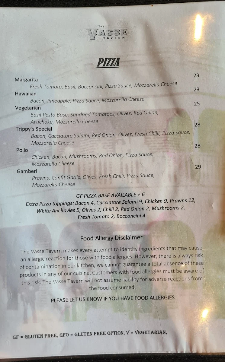 Menu, The Vasse Tavern