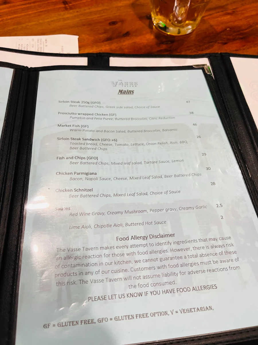 Menu, The Vasse Tavern