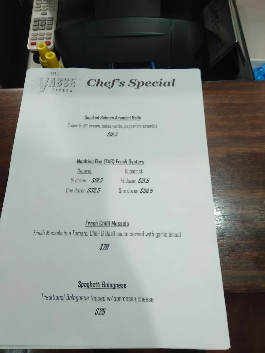 Menu, The Vasse Tavern