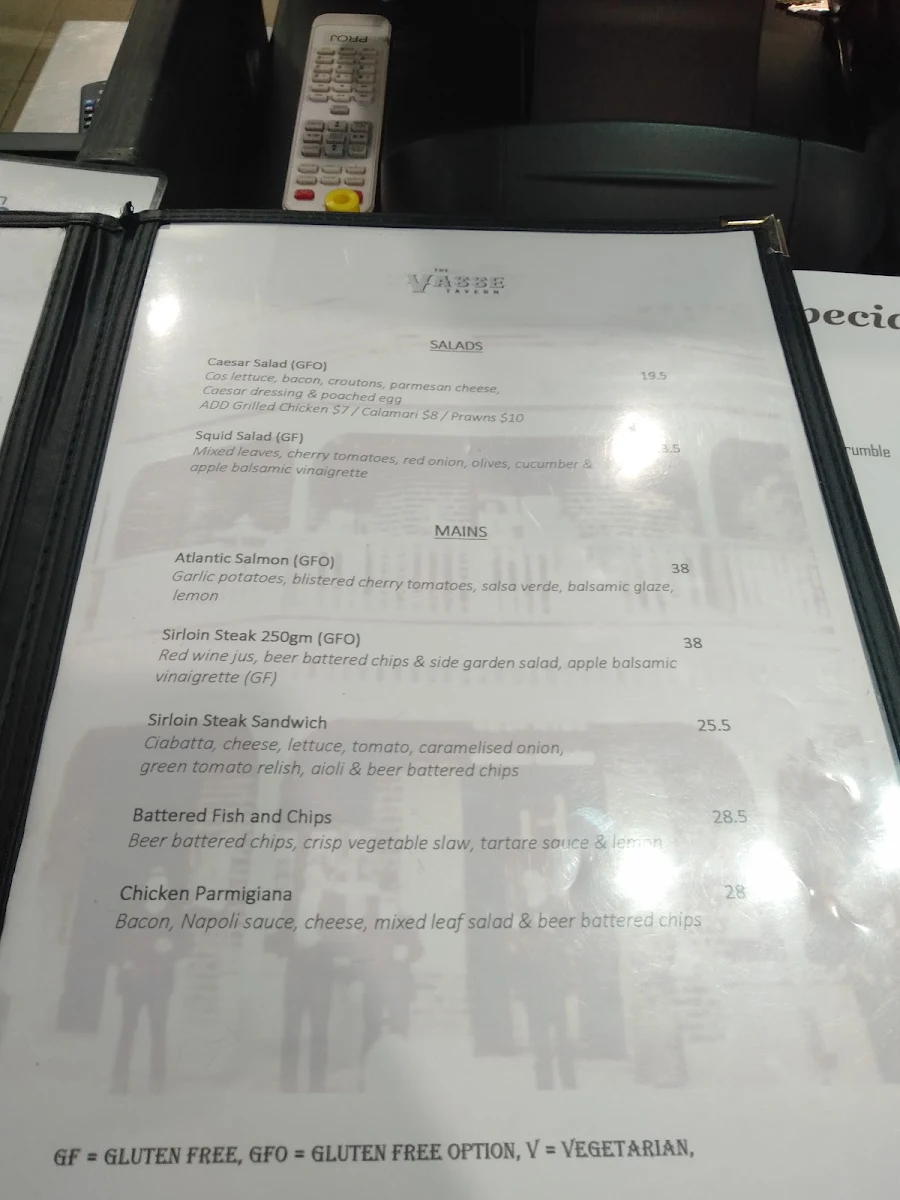 Menu, The Vasse Tavern