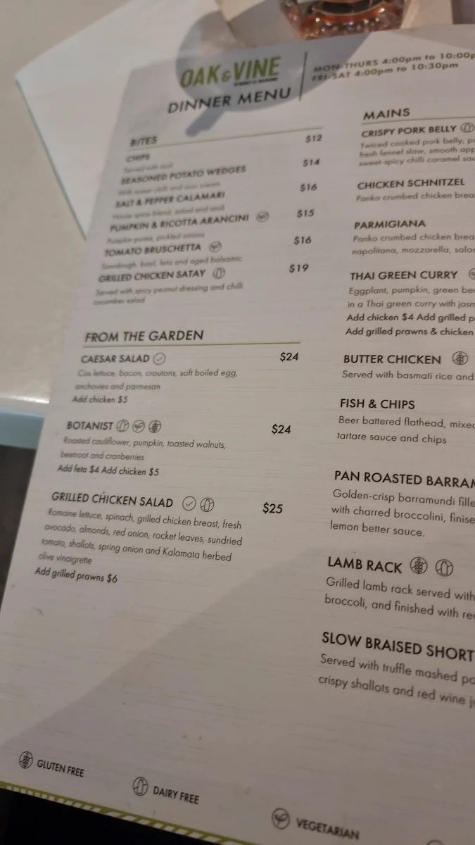 Menu, Oak & Vine Melbourne