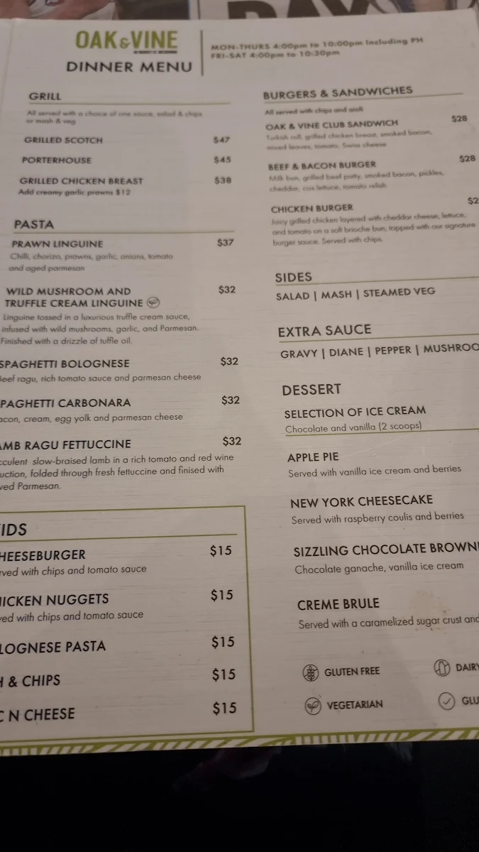 Menu, Oak & Vine Melbourne