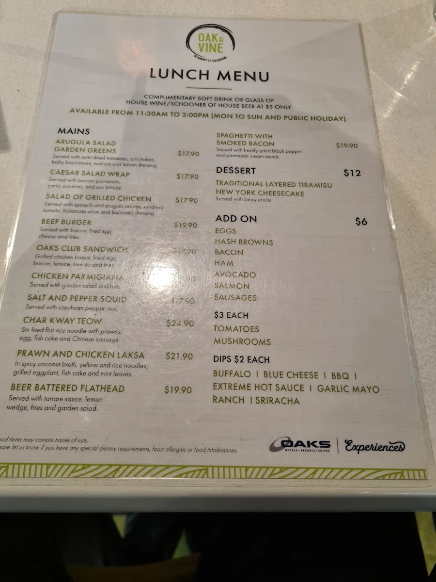 Menu, Oak & Vine Melbourne
