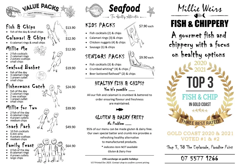 Menu, Millies Fish and Chips