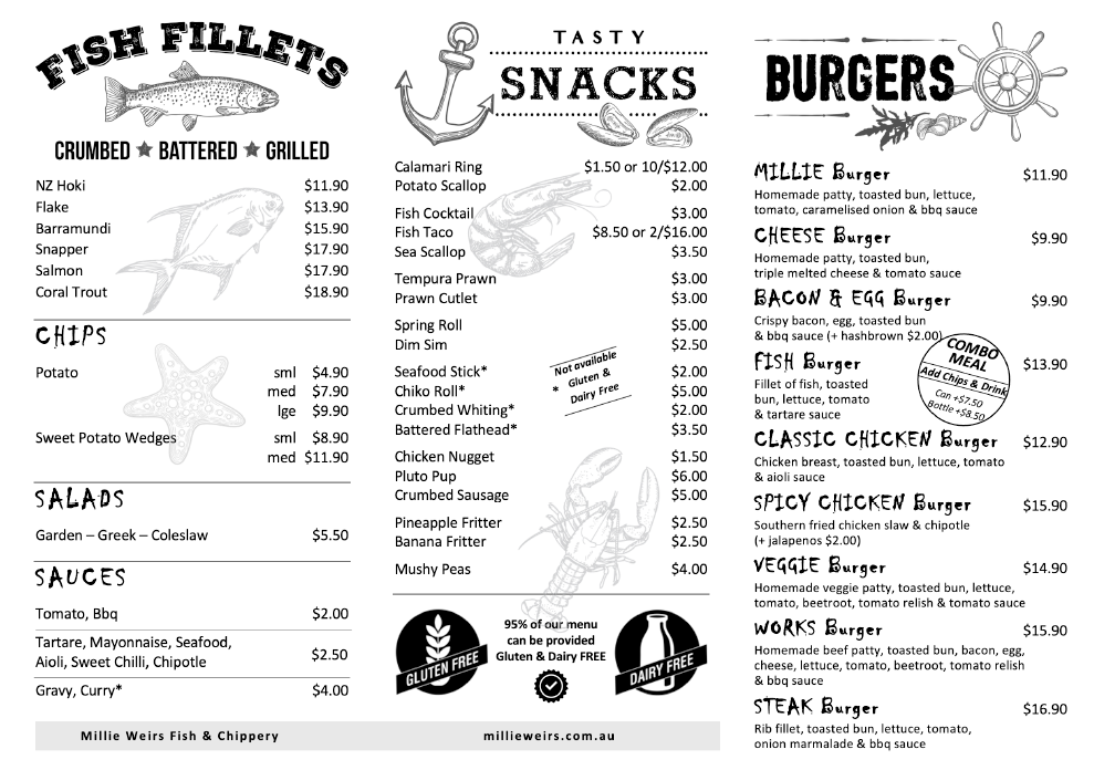 Menu, Millies Fish and Chips