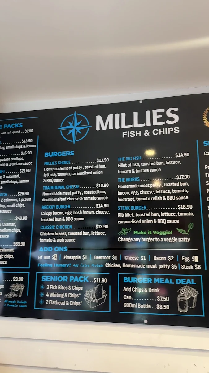 Menu, Millies Fish and Chips
