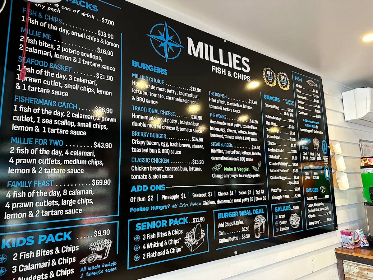 Menu, Millies Fish and Chips