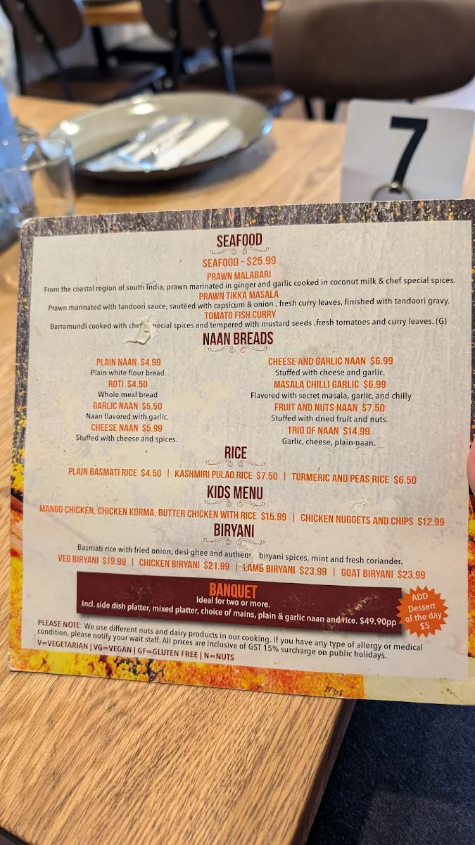 Menu, JJ's Indian Restaurant