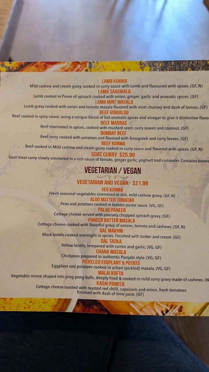 Menu, JJ's Indian Restaurant