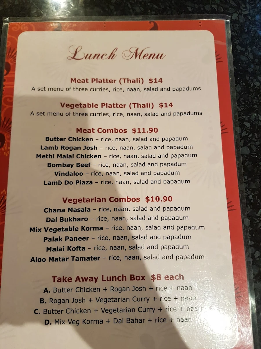 Menu, JJ's Indian Restaurant