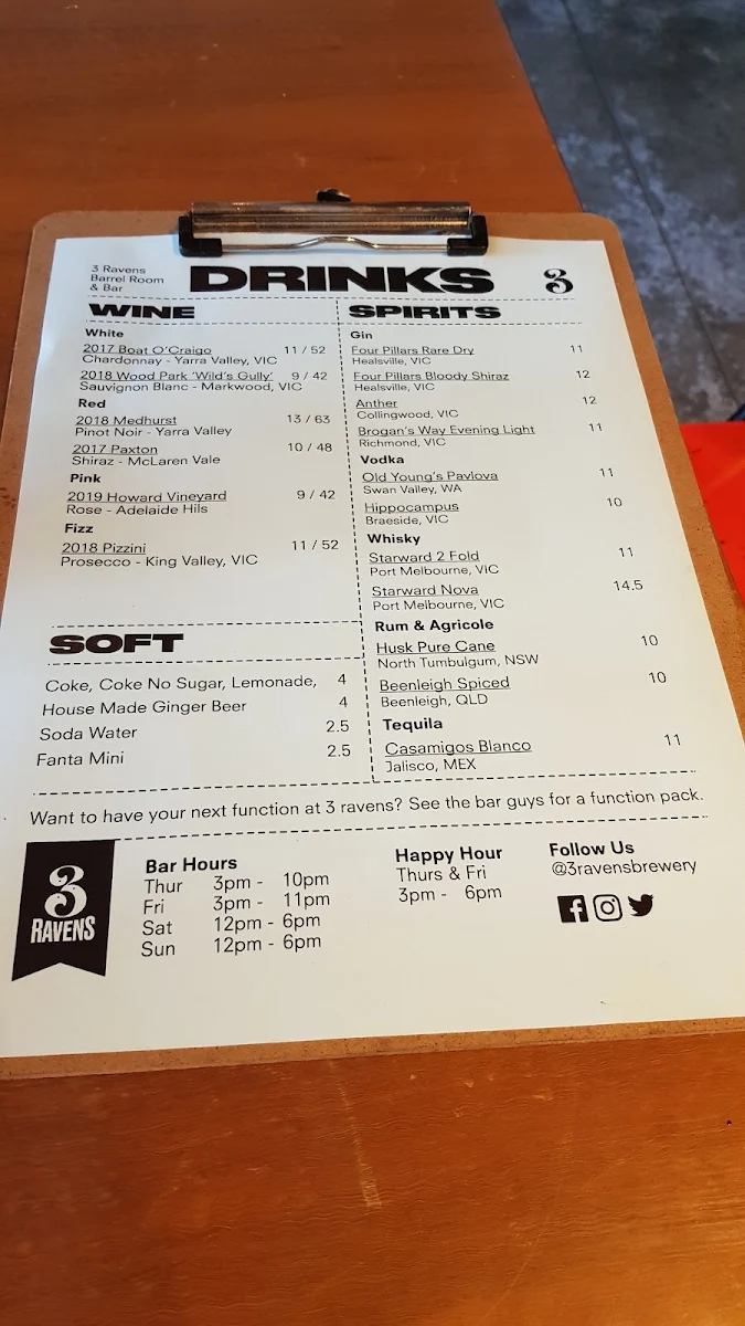 Menu, 3 Ravens Brewery
