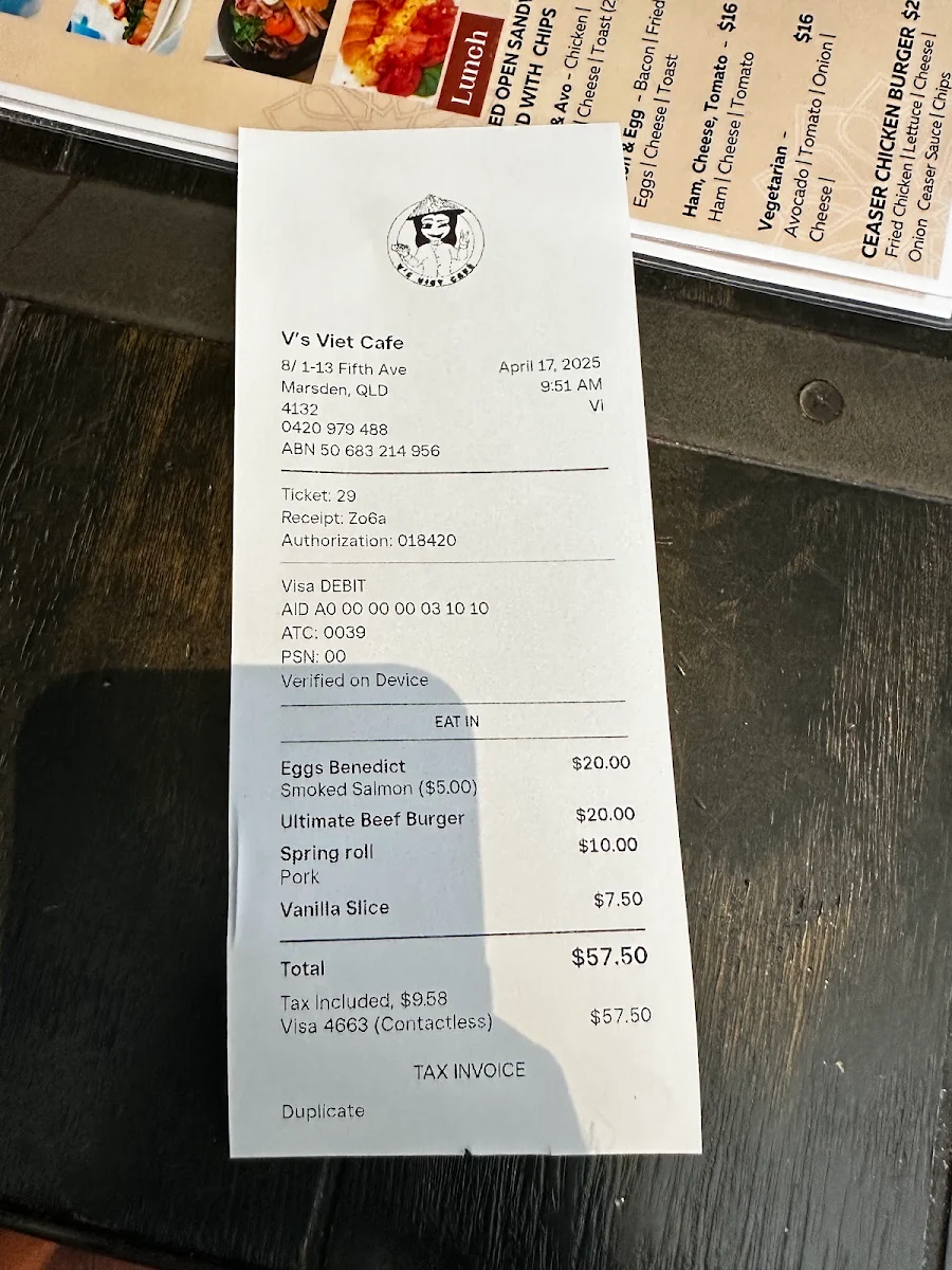 Menu, V’s Viet Cafe