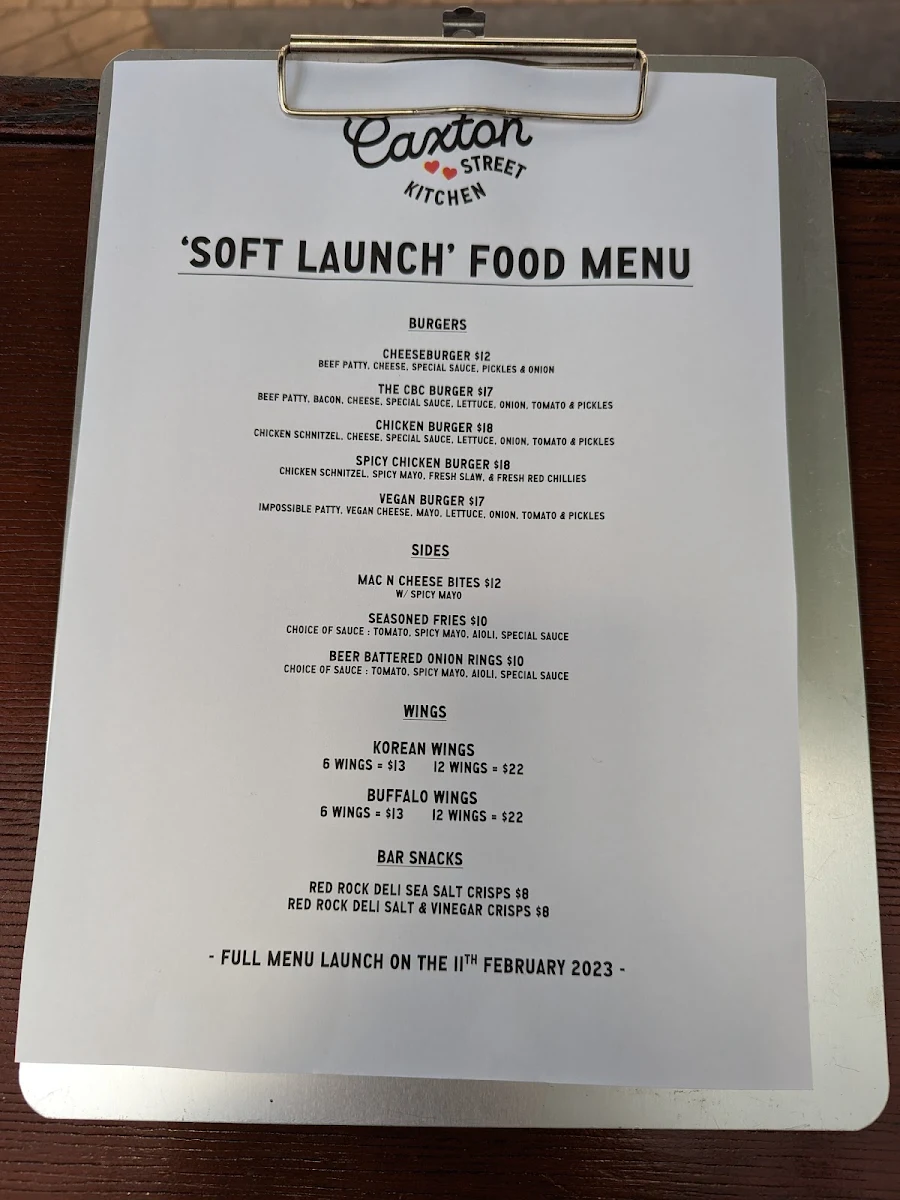 Menu, Caxton Street Brewing Company