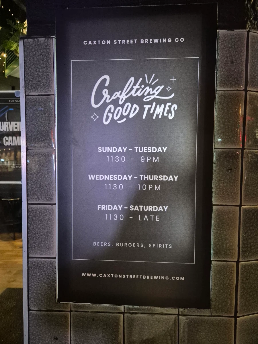 Menu, Caxton Street Brewing Company