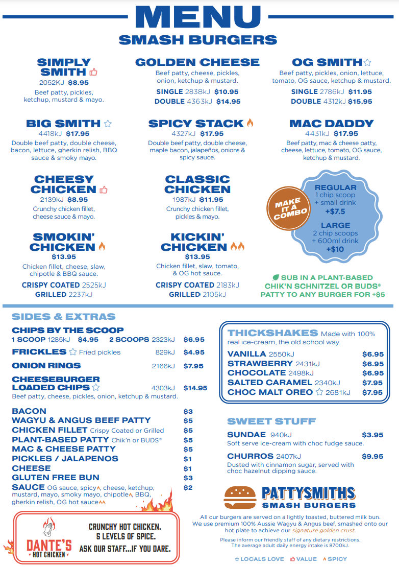 Menu, Pattysmiths Murrumba Downs