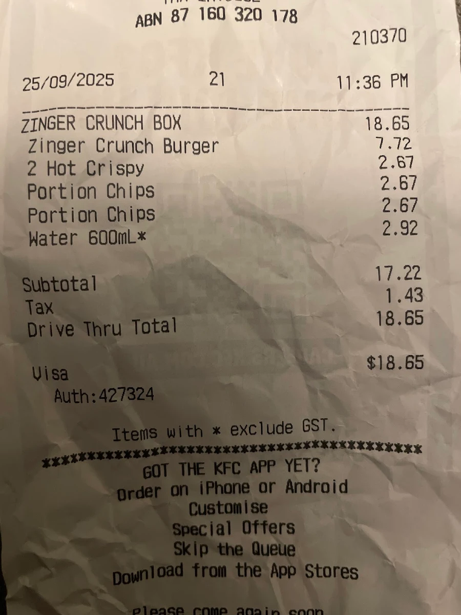 Menu, KFC Everard Park