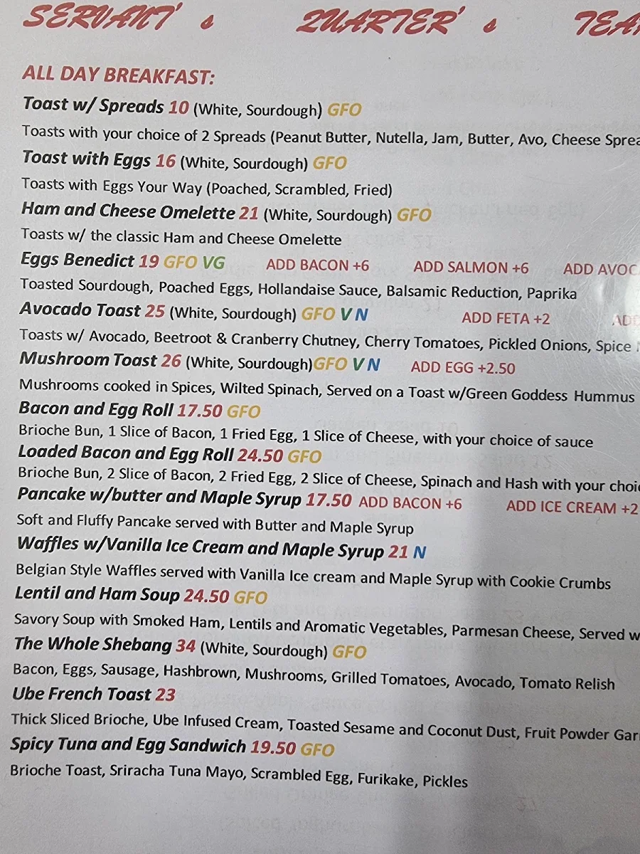 Menu, The Servants Quarters Tearooms