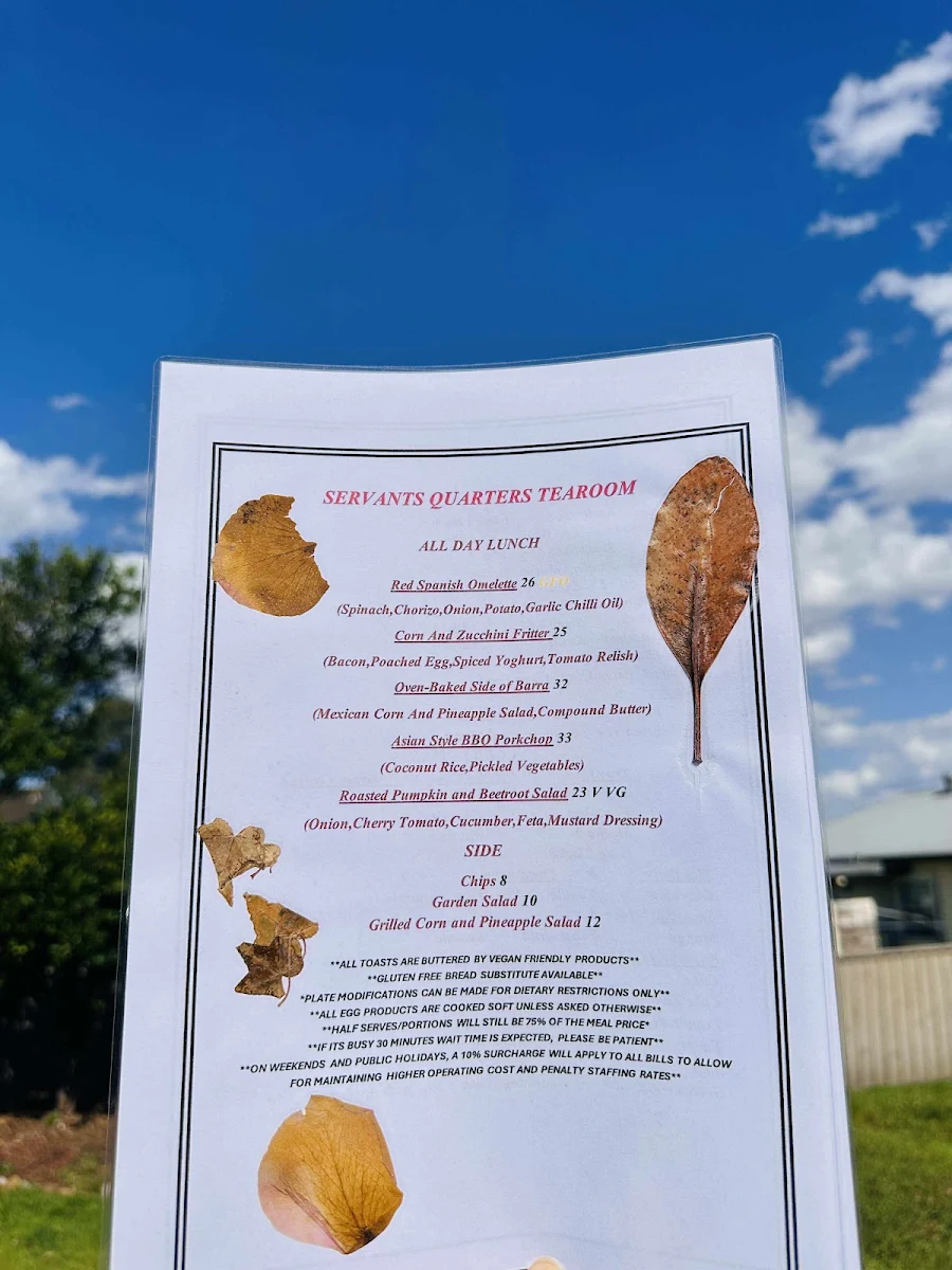 Menu, The Servants Quarters Tearooms