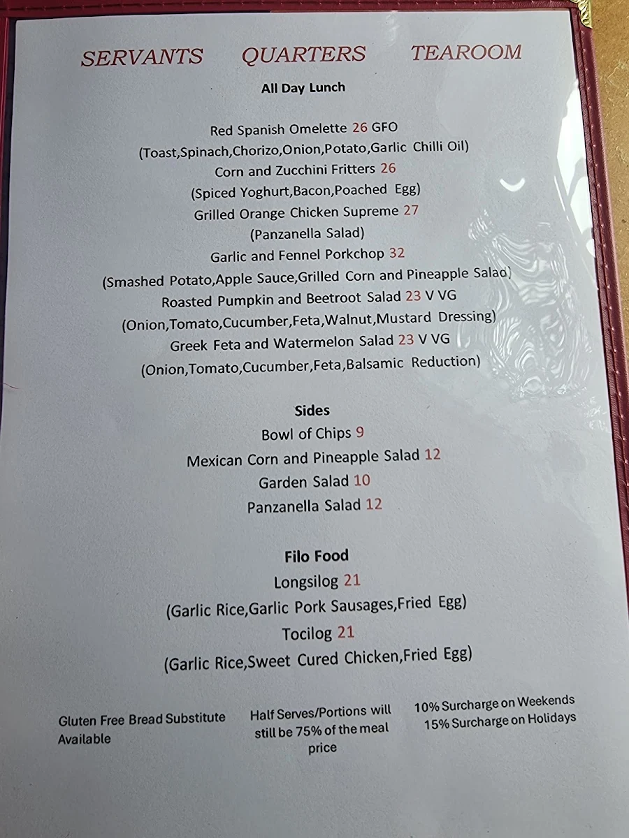 Menu, The Servants Quarters Tearooms